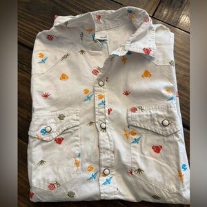 Sonoma White Button-Down Shirt with Orange, Blue, Red & Olive Prints (S)
